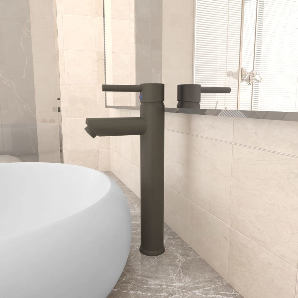 Grifo mezclador de baño gris monomando 12 x 30 cm, latón con cartucho de cerámica, manguera flexible de acero inoxidable para lavabo y grifo de baño, fácil montaje, duradero