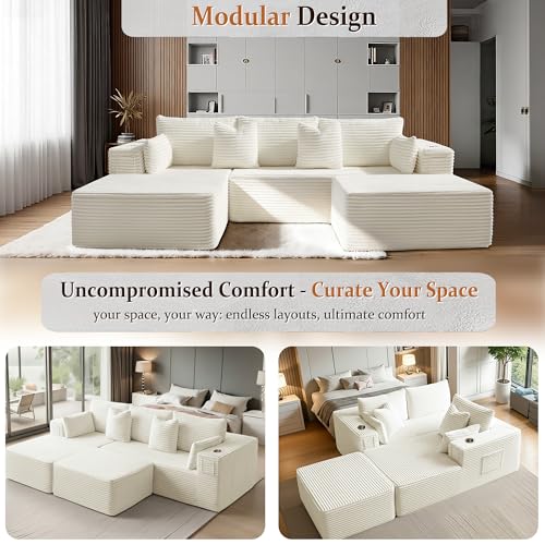 Image of 108 inch Cloud Sectional Couch, Comfort U Shaped Boneless Couch for Living Room, Extra Deep Seats No Assembly, Minimalist Modular Sofa, Corduroy (Cream, 2 Seater+Right Facing Chaise+Ottoman)