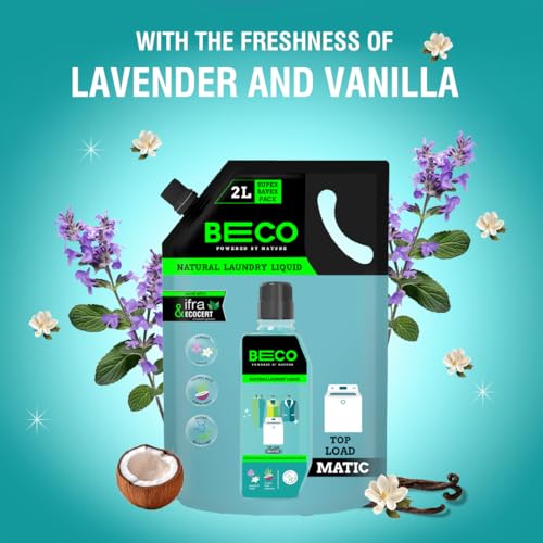 Beco Natural Liquid Detergent Top Load - 2L Refill Pack | Tough Stain Removal | Lavender & Vanilla Freshness | Retains Brightness & Shine | Chemical Free | Top Load Washing Machine Detergent Liquid