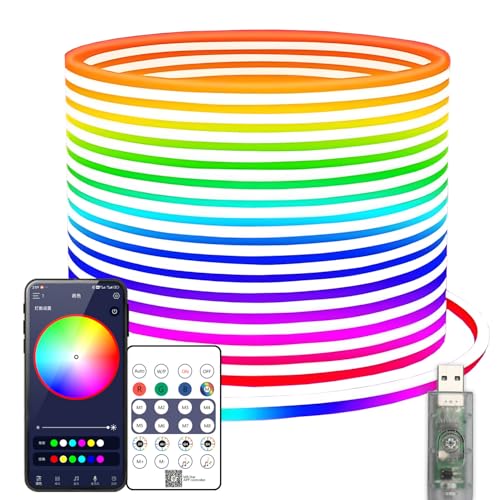 YMY 5V USB RGBIC Neon Strip Light, IP67 Waterproof RGB LED Decor Light, DIY Dynamic Rope Light Strip with APP/Remote Control Dual Control for Indoor Outdoor Decoration (2M RGBIC 360° Neon Strip)