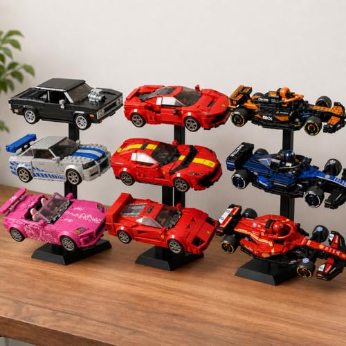 Display Stand for LEGO Speed Champions Universal Car Riser with 15 Swappable Chassis Mounts 3D Printed Showcase Rack for LEGO Vehicles & Small Scale Cars - 3 Pack (Cars Not Included)