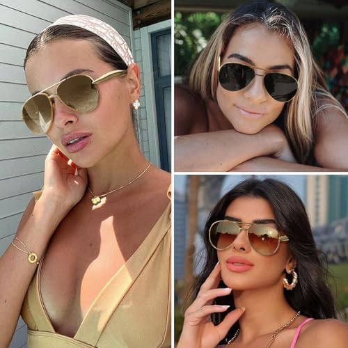 FIMILU Aviator Sunglasses for Women, Trendy Designer Shades Metal Frame Oversized Sun Glasses with UV400 Protection (2 Pack)4