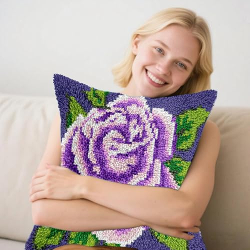 Image of Howie's Latch Hook Kit, DIY Purple Rose Pillow Crochet Yarn Kits for Adults, Color Preprinted Pattern Embroidery Sofa Cushion Cover (Purple Rose, 16.93 x 16.93 inch)