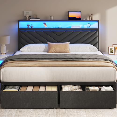 Image of Fluest Queen Bed Frame with 2 Drawers, Upholstered Headboard with Storage and Charging Station, LED Lights, Fabric Drawers with Wheels, Under Bed Storage, No Box Spring Needed, Easy Assembly, Black
