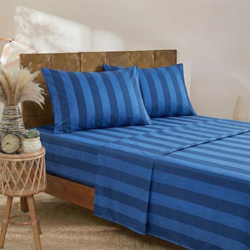 Image of Merryword 100% Cotton Sheet Set Full Size - Blue and Navy Stripes Bedding, Soft Breathable Percale Weave, Wide Stripe Deep Pocket Sheet 17.5 inch, Luxury Linen Like, 4-Piece All Season Bedding