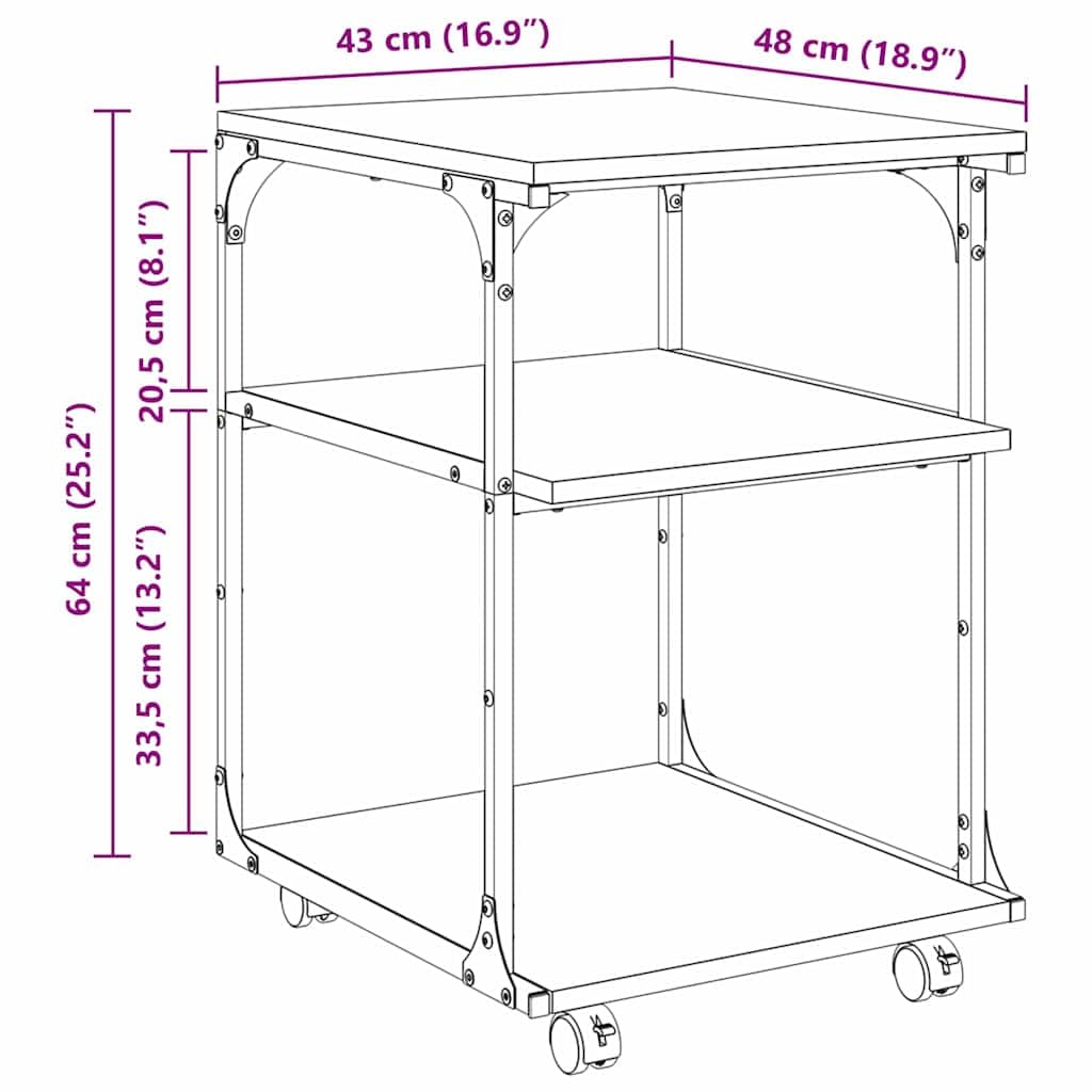 vidaXL Stojak na drukarkę Czarny Dąb 43 x 48 x 64 cm, Stojak na drukarkę, prostokątny, industrialny, wielopoziomowy organizer, mobilne meble, miejsce na dokumenty