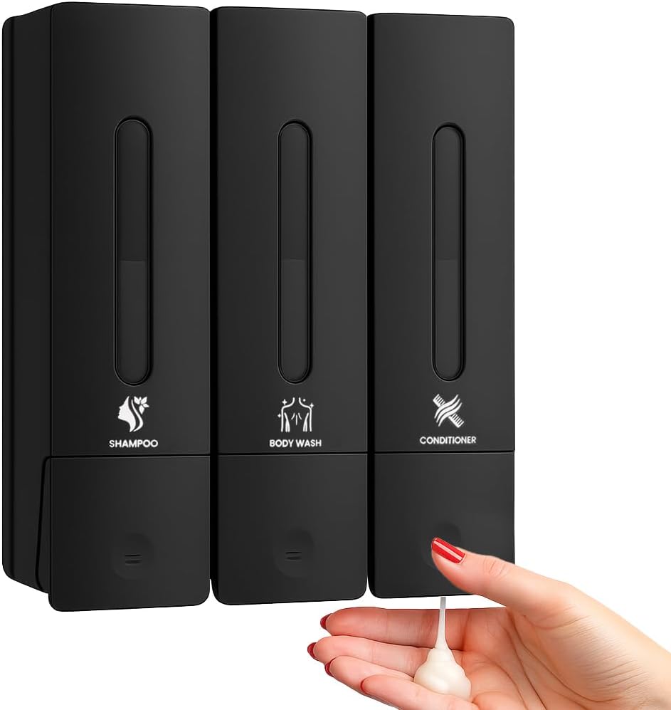 Soap Dispenser - 3 Chamber - 3x400ml - No Drill Wall Mount Bottles Organizer Toiletries for Cream Lotion Liquid Soaps Shampoo Conditioner Storage - Modern Essentials Bathroom Set - Black 2