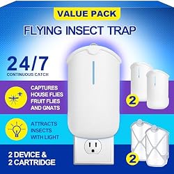 2 Flying Insect Traps & 2 Cartridges - Compatible with Refills | Plug in Fruit Fly Trap for Indoor - Bug Catcher for Gnats, House & Fruit Flies - Use in Any Room (2 Device & 2 Cartridges)