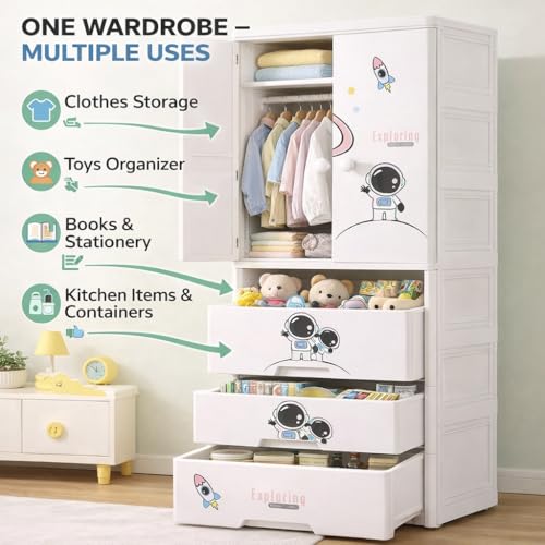 Image of AYSIS Kids Plastic Collapsible Wardrobe Organizer for Storage with Drawers | Cute Cartoon Design | Heavy Duty Cloth Organizer for Storage | Easy to Assemble | Perfect for Kids Room & Home | Sky Starry