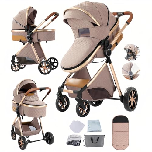 Image of 2 in 1 Baby Stroller with Bassinet Mode, Reversible Infant Pram, One-Click Folding, Newborn Travel Stroller, Convertible Toddler Standard Pram Carriage (X2US-Khaki)