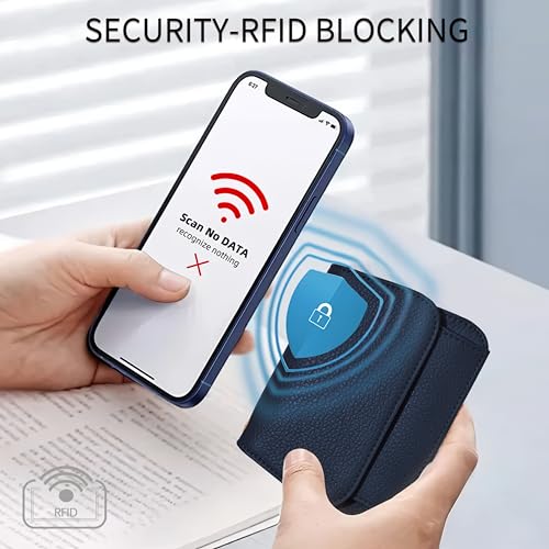 Image of Women Small Wallet RFID Blocking Slim Wallet with Coin Pocket Tri-Fold Credit Card Holder with ID Window and Keychain(Navy Blue)