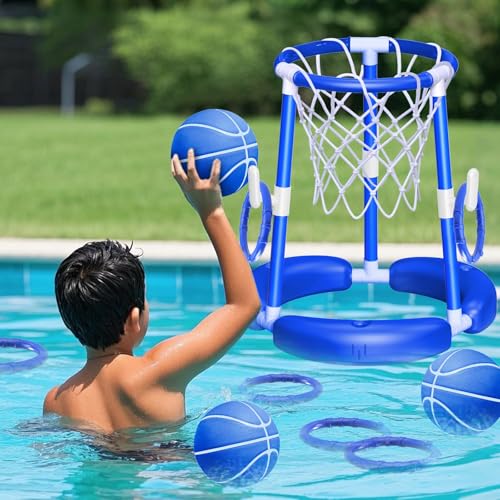 SpringFlower Pool Basketball Hoop, Summer Swimming Pool Floating Basketball Pool Toy, 2 in 1 Kids & Adults Summer Pool Outdoor Play with Ring Toss, 2 Pcs Balls,Pump, Blue
