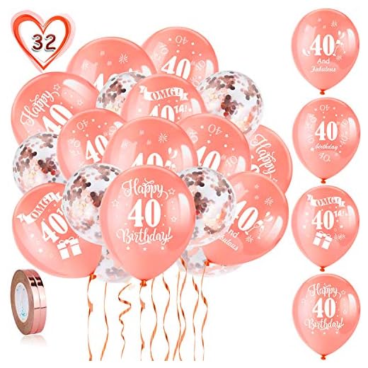 HOWAF Globos de cumpleaños, 30 Piezas 40 años cumpleaños Globos de Latex, Oro Rosa Globos de Confeti y 2 Cintas para Hombres y Mujeres Fiestas de 40 cumpleaños decoración Suministros