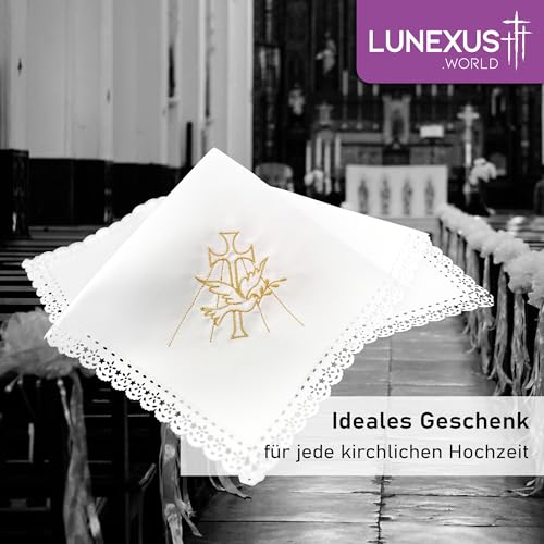 Lunexus Tauftuch Kerzentuch 35×35 cm – weißes Dekotuch mit Goldener Stickerei Kreuz und Taube sowie Spitzenrand – Dekotuch für Taufe, Taufkerze, Taufstein, Kommunion, Firmung und christliche Feier