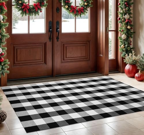 KOZYFLY Buffalo Plaid Area Rug 4 x 6 Ft Black and White Checkered Rug Washable Outdoor Rugs Cotton Rugs for Bedroom Front Door Mat Carpet for Front Porch Living Room Dining Room Kitchen