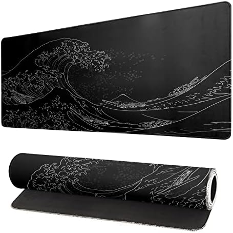 Japanese Sea Wave Large Mouse Pad, Anime Black Gaming Mouse Pad Extended Kanagawa Mouse Mat Desk Pad, 3mm Thick Long Non-Slip Rubber Base Mice Pad, 31.5 X 11.8 Inch