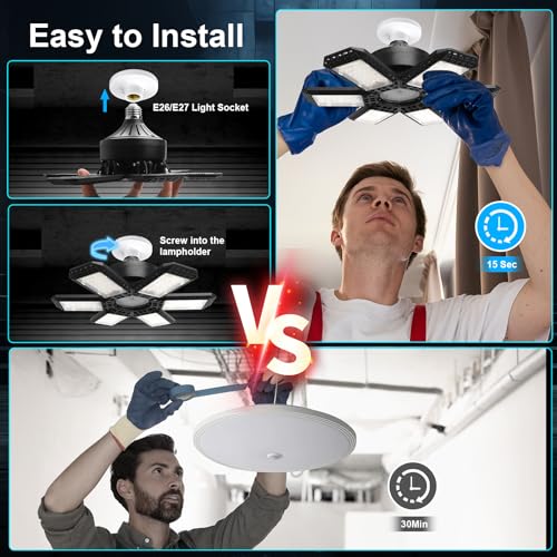Image of LED Garage Light 4 Pack, Garage Lights Ceiling LED 28000LM 6500K with 6+1 Deformable Panels, Screw in E26 Socket Light Bulbs for Warehouse Workshop Basement Attic Utility Storage