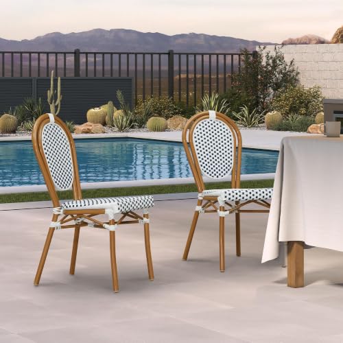 PURPLE LEAF Patio Dining Chair Set of 2 Outdoor French Aluminium Frame in Bamboo Finish with Sky Blue & White Woven Rattan for Indoor Kitchen Deck Bistros Cafe Restaurant