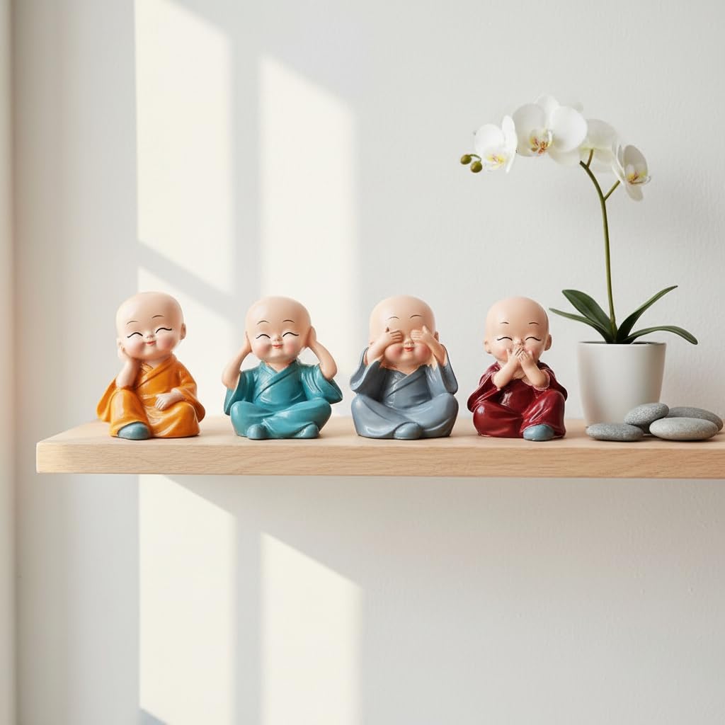 Oblivion Buddha Monk Statues Set of 4 – Miniature Buddha Monk Statues for Home Decor and Gifts, Multicolour Resin Showpiece for Indoor | Cute Monk Figurines | Ideal Gift for Birthday 3