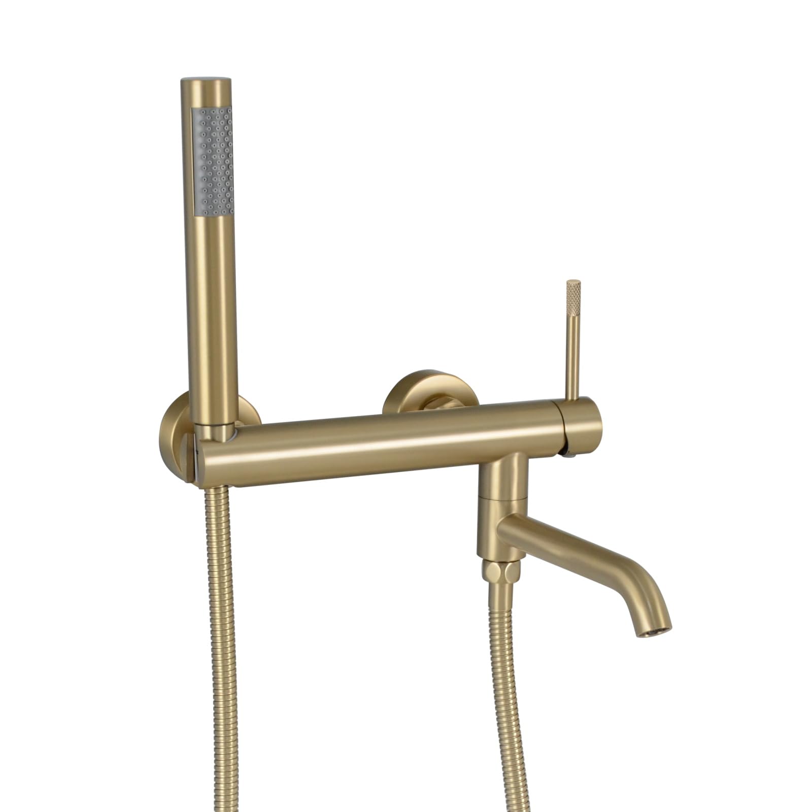 PHASAT Grifo de bañera con ducha de mano, Mezclador monomando de pared, caño giratorio 90°, Oro cepillado