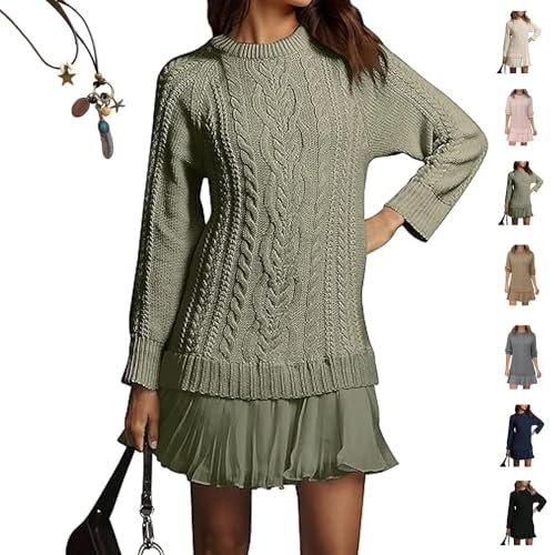 Women Crewneck Cable Knit Sweater Mini Dress,Fall Cableknit Sweater Dress with Pleated Skirt,Womens Cable Knit Dresses