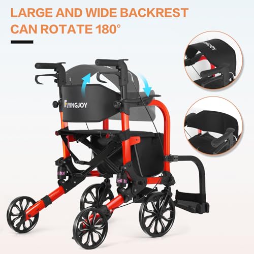 Image of Foldable Rollator Walker with Seat for Seniors & Adults Lightweight 2-in-1 Walker and Wheelchair Combo Adjustable Handle Height Transport Chair with Brakes 300 lbs Weight Capacity