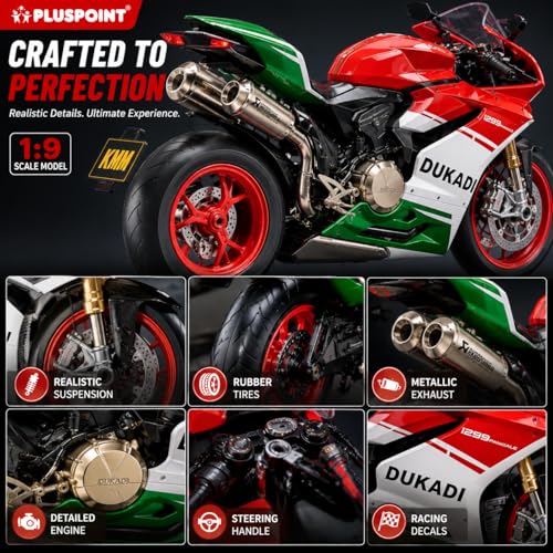 Image of PLUSPOINT Diecast Ducati Bike Motorcycle Toy 1:9 Scale Model with Sound Effects, LED Lights, Ignition System and Smoke Spray, Model Vehicle Toy Street Machine Alloy Simulation Super Bike