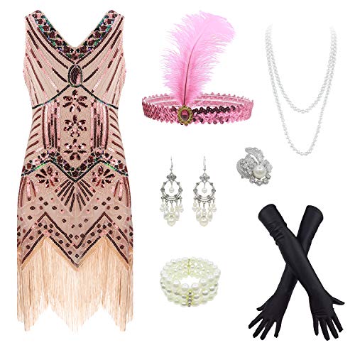 Girls Flapper Dresses 1920S Beaded Fringed Great Gatsby Dress (Pink, Large) #TOP1