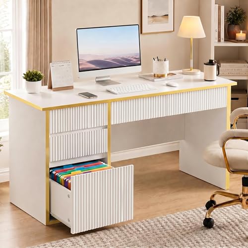 4 EVER WINNER White Desk with Drawers 47 Computer Desk with 4 Drawers for Small Spaces Small Office Desk with File Drawer for Study Room Bedroom White and Gold Desk