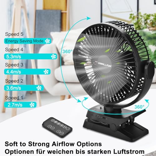 8.3 Inch 12000mAh Clip Fan with Remote & Power Display, USB Rechargeable with LED Lights, 5 Speeds Battery Operated Fan with Timer, for Golf Cart Office Outdoor Travel Camping Tent Gym Treadmill - Image 6