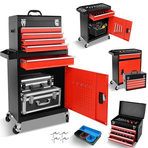 Nanberone Rolling Tool Chest - 5 Drawers Tool Storage Cabinet with Wheels Detachable Top Tool Box | Metal Tool Cart Tool Box Organizer for Warehouse, Garage, Workshop Red