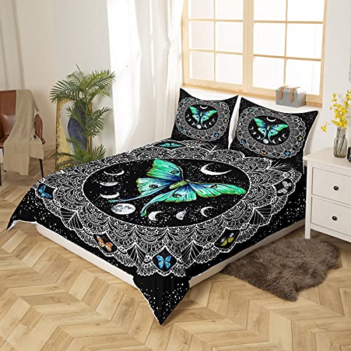 Manfei Bohemian Duvet Cover Set King Size Green Butterfly Death Moth Print Bedding Set 3Pcs For Kids Boys Girls Boho Mandala Comforter Cover Sun And Moon Bedspread Cover With 2 Pillowcases #TOP1