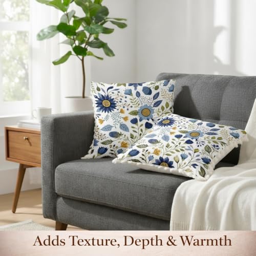 Image of STITCHNEST 'Little Meadow Series' Tassled Cushion Cover | Set of 2 | Floral Cushion Cover 16 inch x 16 inch