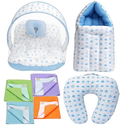 Image of Fareto Combo of Baby Bed with Net | Carry Bag | 4 Pcs Bedding Set (0-6 Months, Baby Size, Cotton) (Tj Blue)