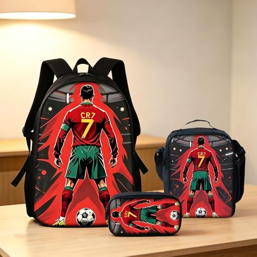 Mochila 3 em 1 Superstars do Futebol, conjunto de grande capacidade de 43 cm com um estilo moderno e personalizado é requintadamente projetado e amplamente aplicável, tornando-a uma escolha ideal (CR7