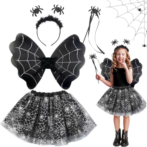 LGZIN Costume Araña Niña, 4 Piezas Disfraz Halloween Niña con Diadema, Falda Negro Brillo Tutú, Alas y Varita, Disfraz de Murciélago para Niños para Halloween Carnaval Fiesta Cosplay