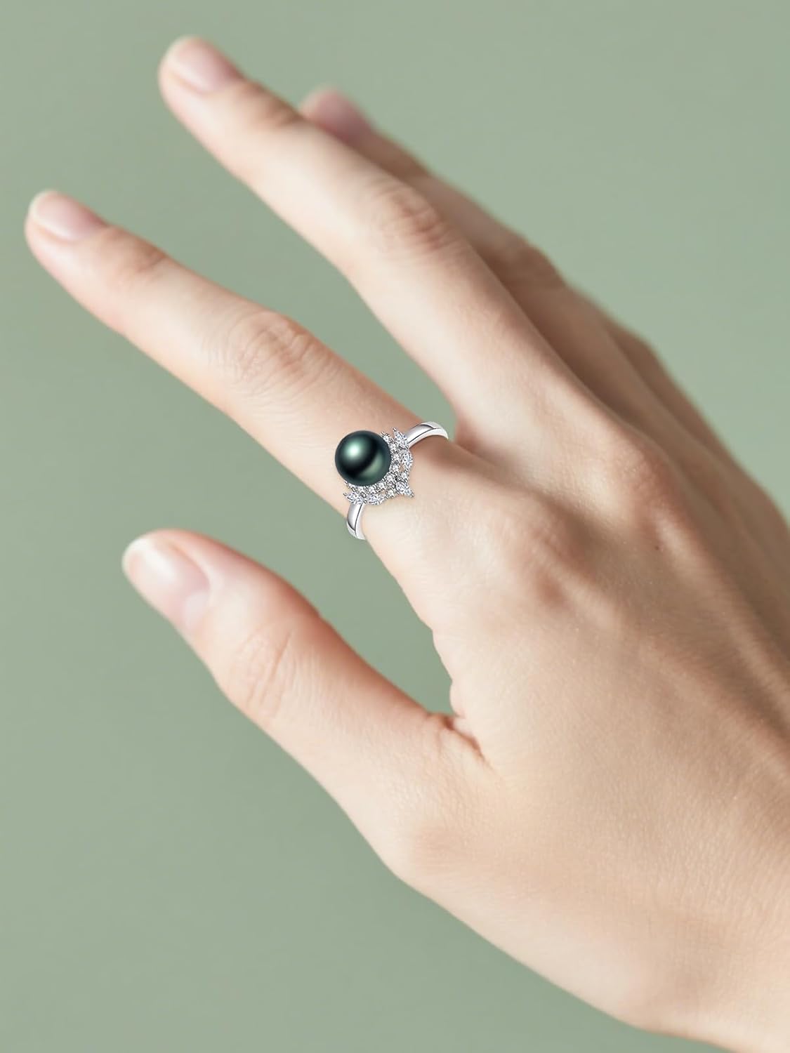 Freshwater Black Pearl Ring for Women 18K White Gold Plated Sterling Silver 8-10mm AAAA Engagement Wedding Jewelry Anniversary Wedding Birthday Gifts for Mom Mother Wife - Image 5