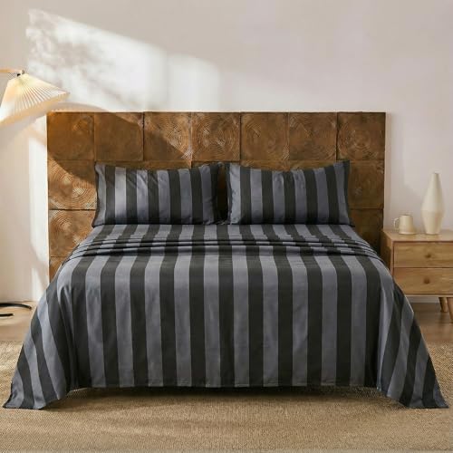 Image of Merryword 100% Cotton Sheet Set Full Size - Black and Gray Stripes Bedding, Soft Breathable Percale Weave, Wide Stripe Deep Pocket Sheet 17.5 inch, Luxury Linen Like, 4-Piece All Season Bedding