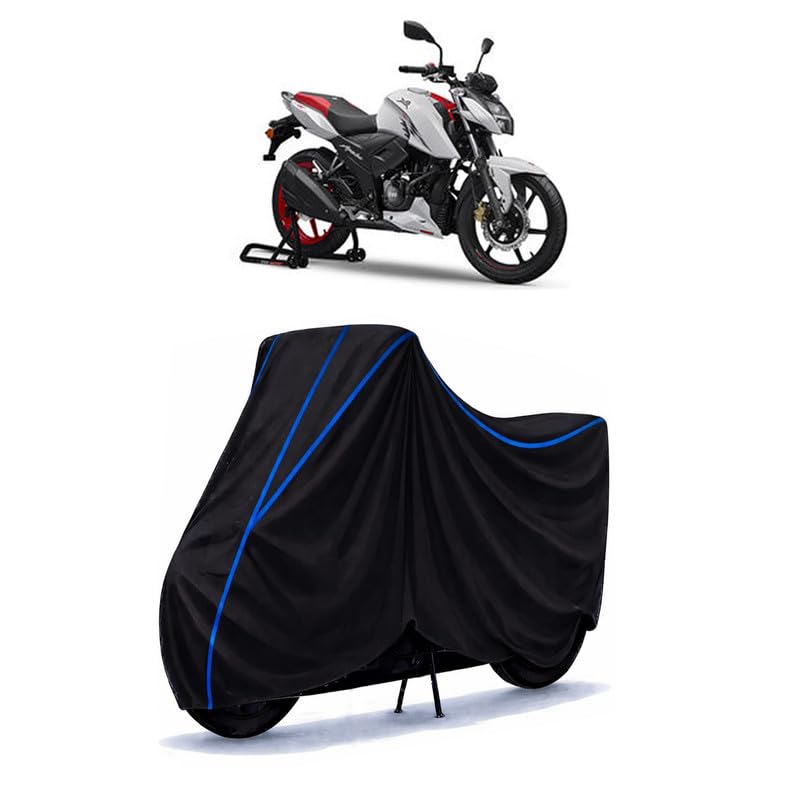 Image of TVS Apache RTR 160 Bike Cover Water Resistant Universal Motorcycle Rain | Heavy Duty UV Protection, Dust, Scratch Indoor Outdoor All Weather with Black Blue Piping Elastic