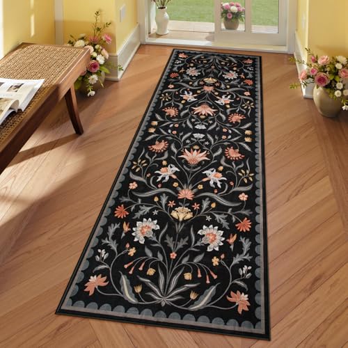 Lahome Boho Floral 2x6 Rug Runners for Hallways Non Slip, Black Kitchen Runner Rugs Non Skid Washable Bathroom Carpet Runner, Soft Non-Slip Runners fo
