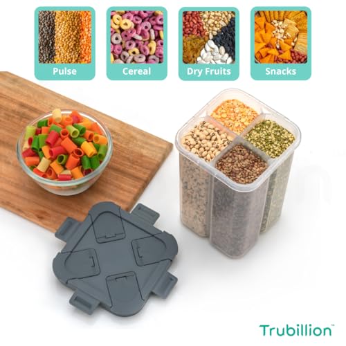 Image of TRUBILLION SplitBox 4-Section Kitchen Food Storage Container,2000ml BPA-Free Transparent,Black Lid,Removable Divider,Freezer Safe,Stackable Space,Saving Design,For Pulses,Snacks,Dry Fruits (Grey)