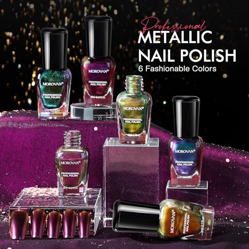 Morovan Fingernail Nail Polish Set: Holographic Metallic Ombre Lacquer Air Dry Nail Polish Regular Nail Pack 0.27oz Glitter Finger Nail Bulk Toenail Polish Kit Halloween Fall Gift for Women