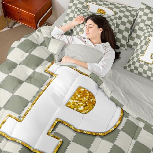 Image of Erosebridal Sage Green Checkered Full Bed in A Bag 7 Piece Plaid Initial P Comforter Set with Sheets Personalized Monogram Bedding Sets for Kids Adults,Fashion Grids Gingham Bed Set
