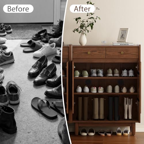 Image of KungFuWood 30 inch W Solid Wood Shoe Cabinet Storageand 2 Adjustable Shelves,Shoe Storage Cabinet with Doors,Wooden Shoe Organizer Cabinet for Entryway, Foyer