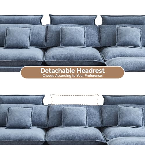 Image of 103'' Cloud Modern 3 Seater Couch with Detachable Headrest, Modular Sectional Sofa with Ottoman, Oversized L Shape Chenille Comfy Sofa with Armrests for Living Room, Blue
