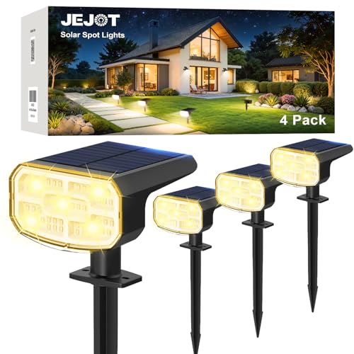 JEJOT Solar Lights Outdoor Waterproof IP65, Super Bright LED, 3000K 2 Lighting Modes, Solar Powered Yard Garden Solar Spot Lights for Outside Landscape Auto On/Off -4 Pack