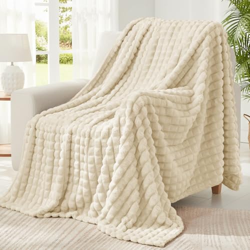 Image of BEDELITE 3D Checked Beige Fleece Throw Blanket for Couch, 50x60 Inches