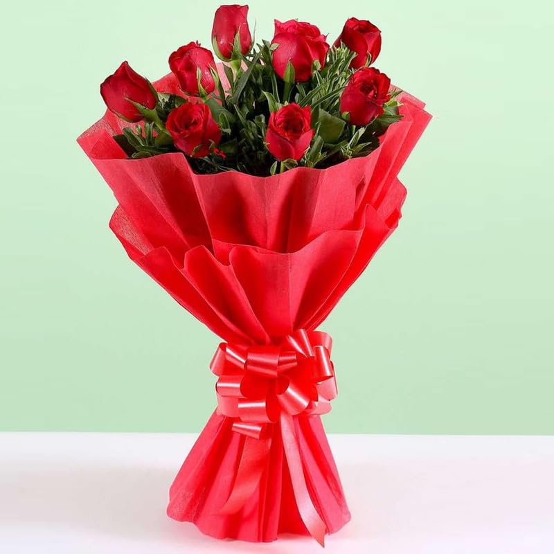 Beautiful Fresh 8 Red Rose Flower Floral Bouquet With Gift Wrapping | Special Bunch Happy Birthday Gift | Couple Gift for Wedding, Valentine's Day, Mothers Day| Real Flowers| Same Day Delivery