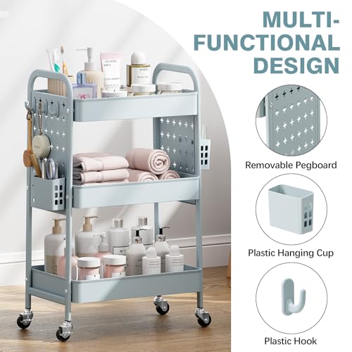 Image of KINGRACK 3 Tier Rolling Cart with DIY Hanging Board, Metal Rolling Utility Cart with Wheels Handles Baskets Hooks, Rolling Storage Cart Suitable for Bathroom, Kitchen, Office, Nursery Diaper (Green)