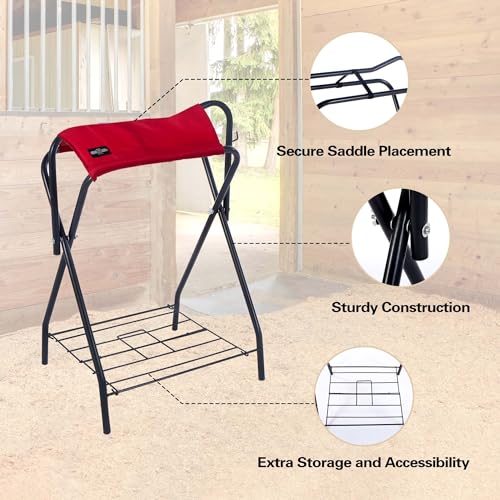 Image of Harrison Howard Saddle Stand Freestanding Full-Size Portable Floor Horse Saddle Rack with Supportive Fabric to Prevent Possible Slippage Secure Saddle Red